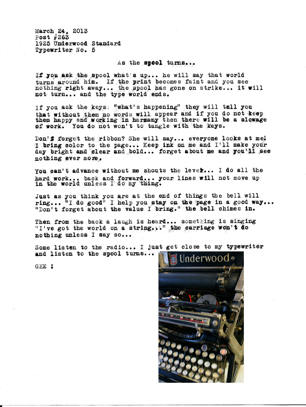 Staring the 1925 Underwood Standard 8 with typing by Gee